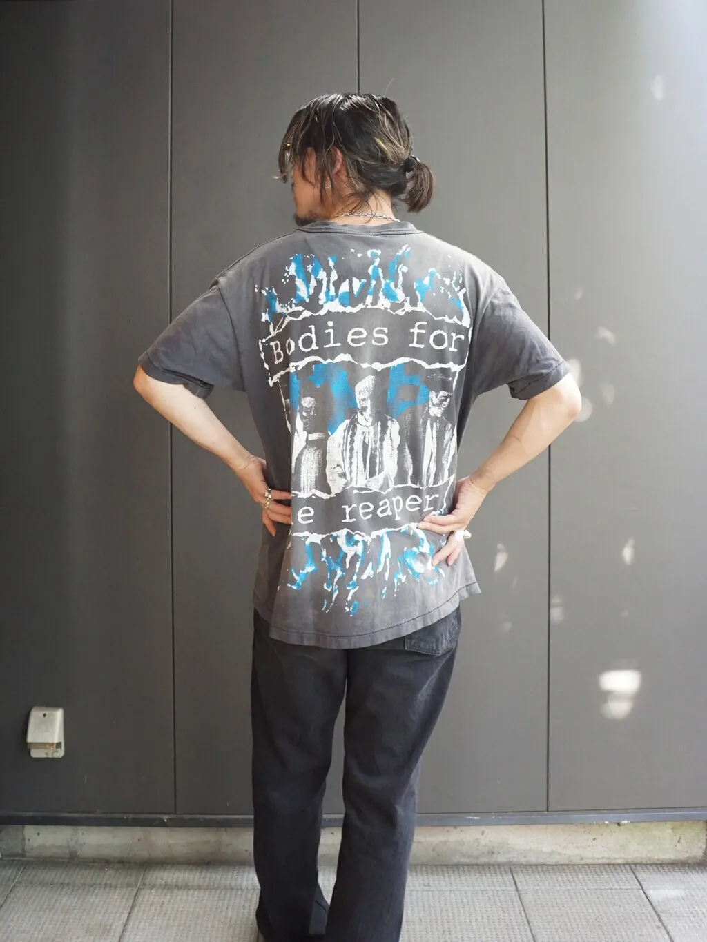 SAINT MICHAEL SS TEE/B FOR REAPER Jesus Hell's Angels Washed and Distressed Short Sleeves Washed Black S-XL Garment Dyed Printed Washed and Distressed
